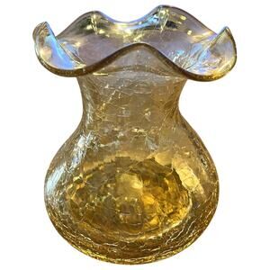Vintage Hand Blown Amber Crackle Glass Vase Ruffled Rim MCM 4 1/2” Tall